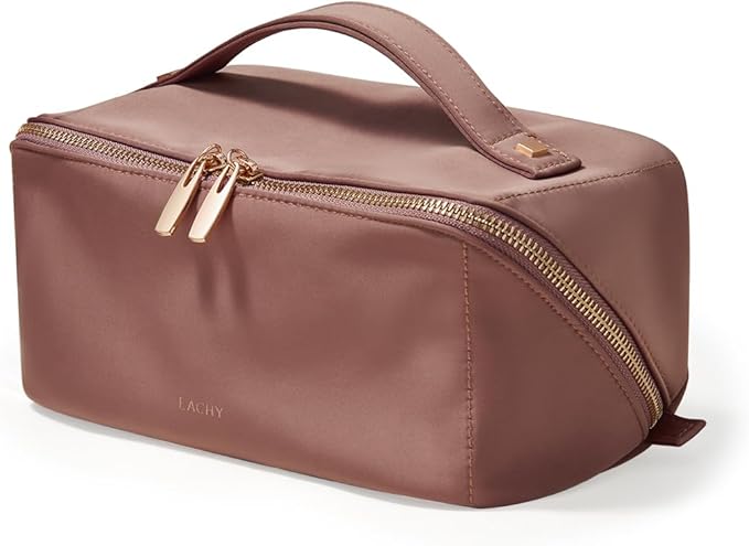 EACHY Travel Makeup Bag, Large Capacity Cosmetic Bag for Women, Waterproof PU Leather, Flat Open Portable Toiletry Bag for Skincare, Brushes & Travel Essentials
