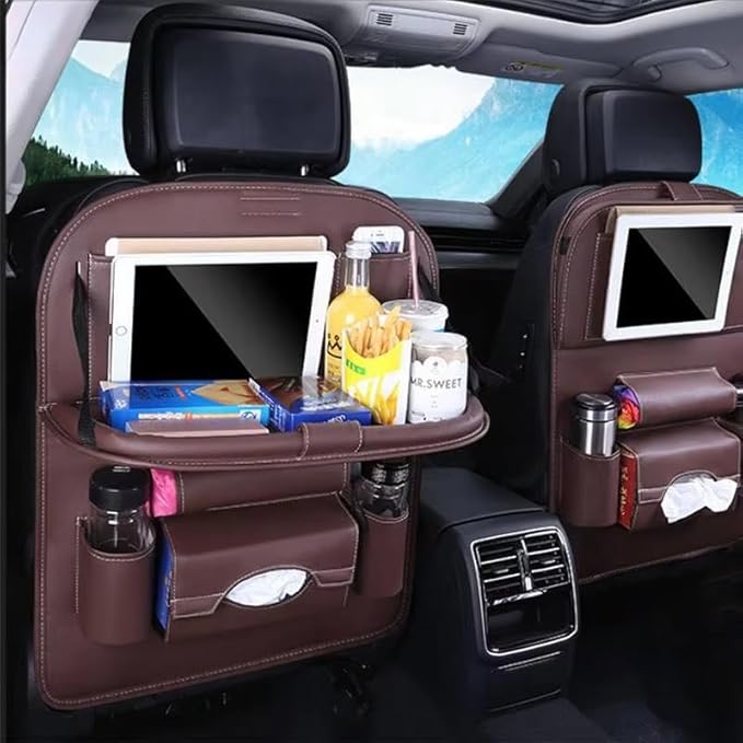 Luxury PU Leather Car Backseat Organizer with Foldable Table – Multi-Functional Car Seat Storage. Waterproof Travel Back Seat Organizer with Cup Holders, Tissue Box & Tablet Pocket (Coffee)