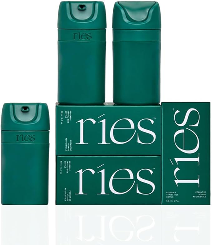 RIES Starter Set Toiletry Travel Bottles – Set of 3 (1.7oz) Airless Pump Containers for Shampoo, Conditioner, Body, Face – Leak-Proof, TSA-Approved, Dishwasher Safe- (Escapade Green)