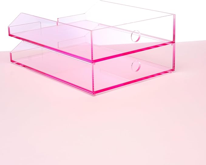 (2pcs Pack) Stackable Pink Acrylic Paper Trays, Desk File Organizer, A4 Paper Holder, Letter Tray