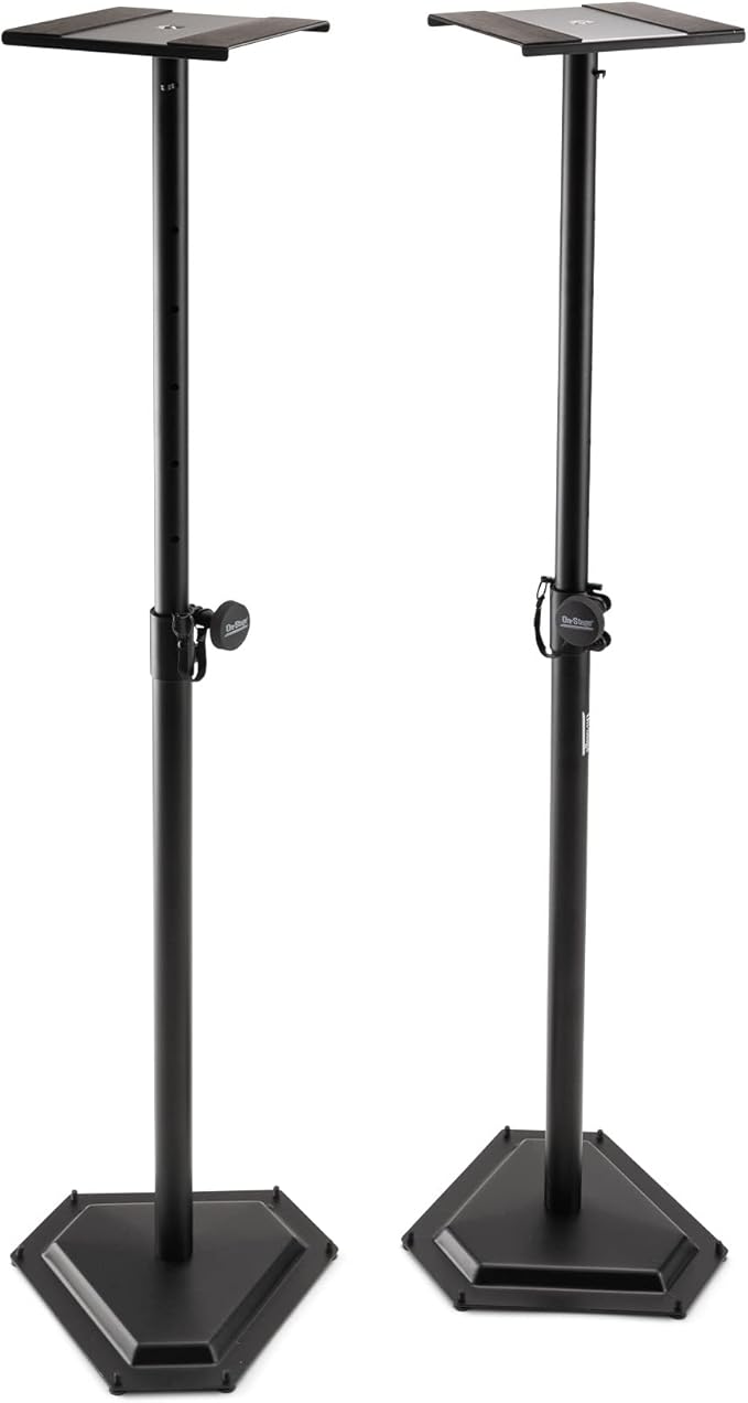 On-Stage SMS6600-P Hex-Base Monitor Stands Pair(Height-Adjustable Pedestal Studio Speaker Stands, Locking Pin, Hexagonal Base, Steel Construction, Nonslip Rubber Feet, Optional Floor Spikes, Black)