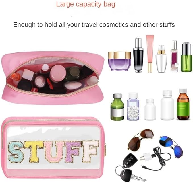 Large Chenille Letters Makeup Bag - Clear Glitter Preppy Patch Stuff Cosmetic Bag, Toiletry Stuff Pouch for Women - Valentines Day Gifts (10.62*6.29*3.54 inch, Black)