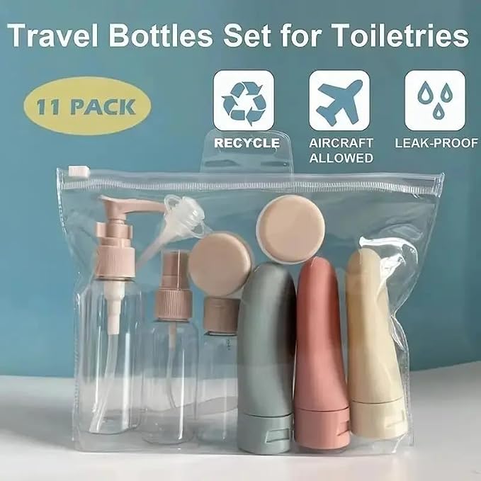 Refillable Travel Bottles Set for Toiletries, Leak Resistant Silicone & Plastic Empty Containers for Shampoo Lotion Conditioner, Carry On Size with Clear Zip Pouch