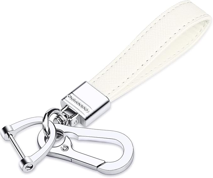 QBUC Genuine Leather Car Keychain,Universal Heavy Duty Metal Key Chain Accessories,Car Fob Key Keychain Holder with 360 Degree Rotatable Snap Swivel and Anti-Lost D-Ring for Men Women(White)