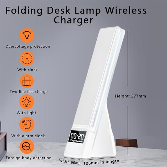 IHAO 6in1 Multifunctional Foldable LED Desk Lamp with Wireless Charger Digital Alarm Clock Eye-Care Lighting 3 Color Modes 15W Qi Charger for Phone/Headphones Compatible with iWatch Charger-N61 White