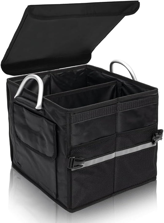 Small Trunk Organizer With Lid, For SUV Car Truck, Black 28L, Foldable Waterproof Oxford Fabric, 2-Compartments With Aluminium Alloy Handle