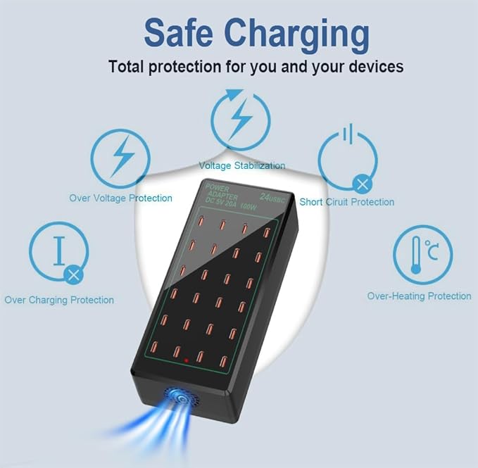 Multi Port USB Charging Station 24 Port 100 watt (20 A), USB Multi Port Charger Station Charging hub USB C Charger Block for Multiple Devices Compatible with Smartphones, Tables, and More Devices