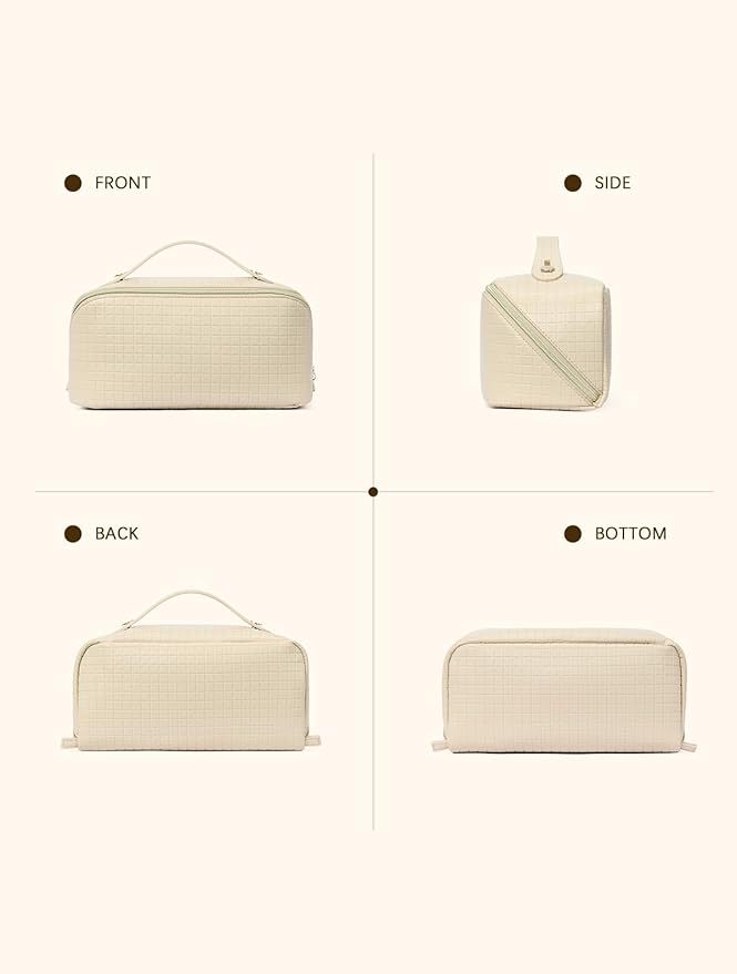 Telena Leather Make Up Bag Portable Travel Makeup Bag Waterproof Cosmetic Bags for Women Large Capacity With Handle and Divider Open Lay Flat