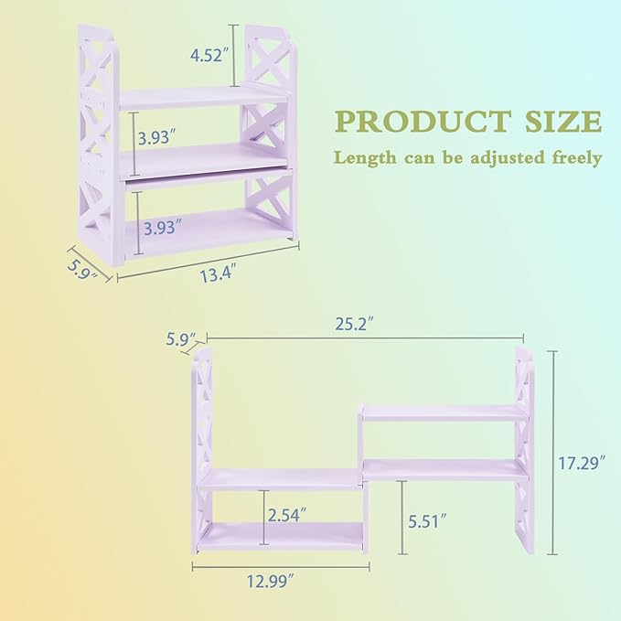 Felmis Desk Organizer Shelf, White Adjustable Small Bookshelf, Expandable Book Shelves for Classroom Office Dormitory Home