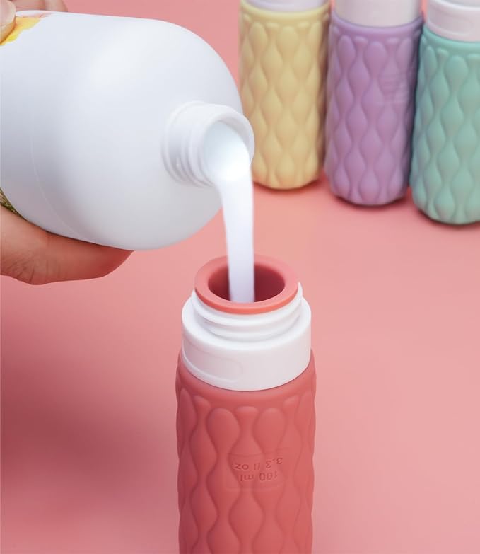 100 ml Silicone Travel Bottles for Toiletries with Labels/Clear Bag, Holiday Travel Essentials Leakproof Refillable Squeeze Travel Size Containers Set for Shampoo and Conditioner