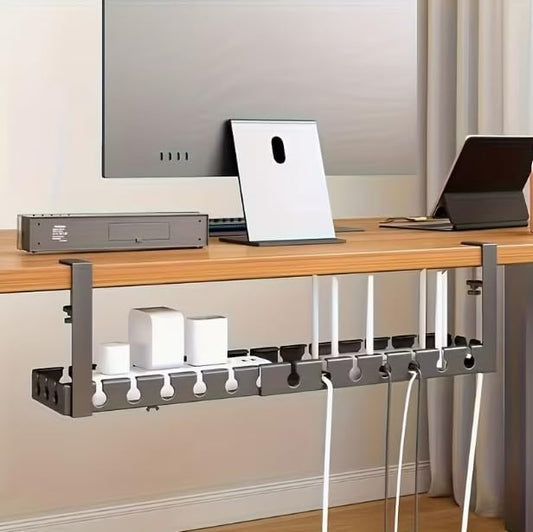 Extendable Under Desk Cable Management Tray, 17"-28.7" Clamp On Cord Organizer, No Drilling Metal Cable Management Holds Up to 11 lbs, Desk Storage for Office and Gaming Accessories
