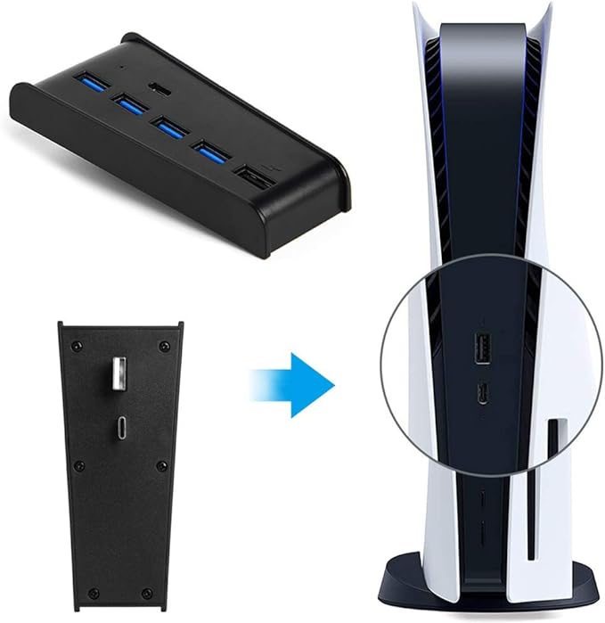 Megadream 6 Port USB Hub for PS5 Accessories, High-Speed Expansion Hub Charger Splitter Adapter with 4 USB-A 2.0 + 1 Charging Port + 1 Type C Port, Compatible with PlayStation 5 Console Front Jacks