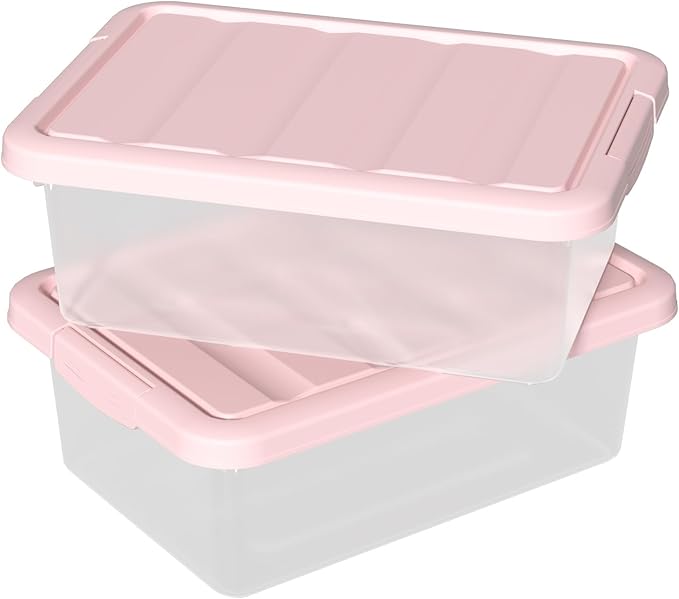 14-Quart Storage Container Bin with Pink Secure Lid and Latch Buckles, Durable Plastic Stackable Nestable Organizin, 2-Pack