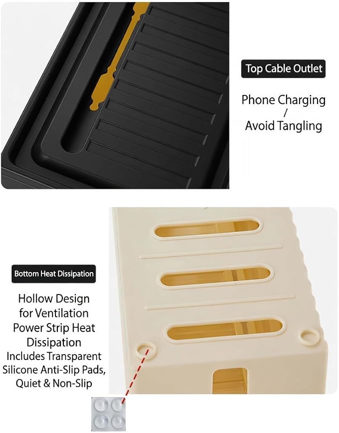 Cable Management Box for Power Strips, Large Cord Organizer | Large power strip storage, side & top cable access, ventilation openings, 10.4" phone & tablet slot