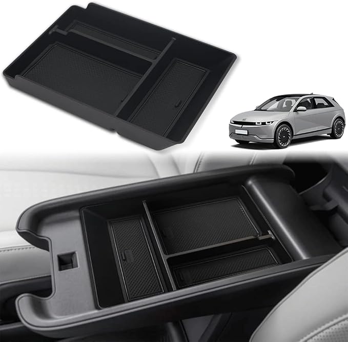 BestEvMod for Ioniq5 Armrest Storage Box Center Console Organizer Tray Interior Accessories with Rubber Black Trim Compatible with Hyundai Ioniq 5 2022-2026 Accessories(V2)