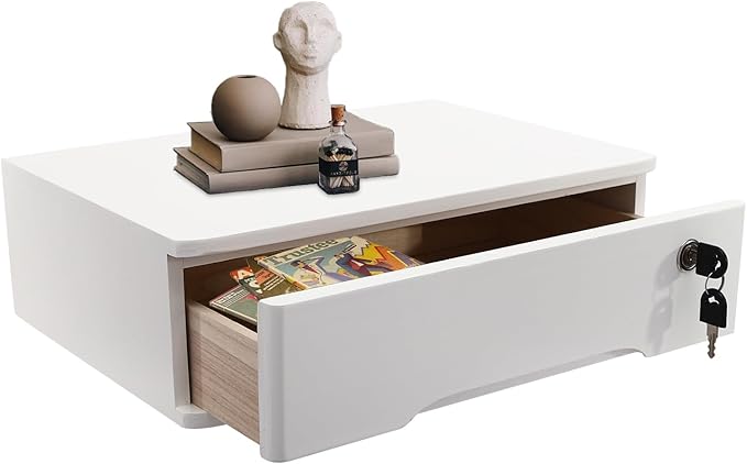 Xuthusman Desk Organizer with Drawer, Wooden Desktop Storage Box with Lockable Office Supplies Drawer Organizer Tabletop Storage Multifunctional Desktop Storage Box for Office Study Dresser（white）
