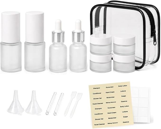 18 pcs Glass Travel Bottles for Toiletries, TSA Approved Glass Travel Containers White Frosted Mini Travel Bottles with Label, BPA Free Leak Proof with Pump Bottles for Makeup, Skincare