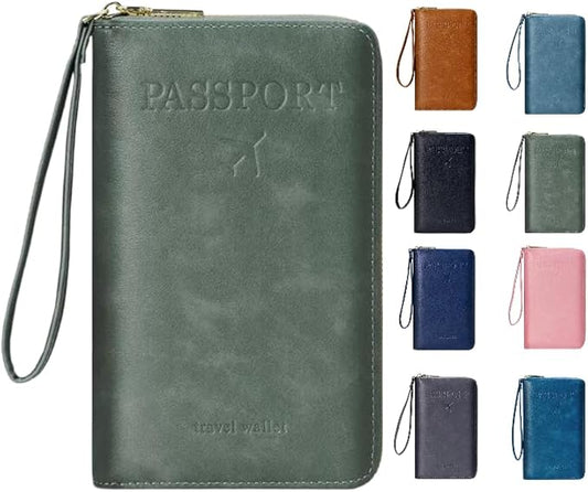 Multi-Functional RFID Passport Wallet,Travel Wallet for Men & Women,With zipper, anti-theft passport holder，Slim Leather Cover for Credit Cards, Tickets, Cash (Green)