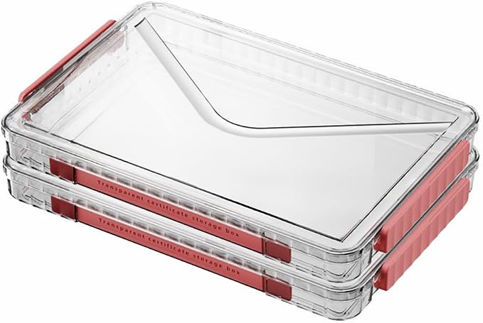 Clear Storage Box with Latch, 2 Pack, Stackable | Clear plastic project case with Red latch. Portable stackable storage for A4 files, scrapbooks, art supplies. Small size.