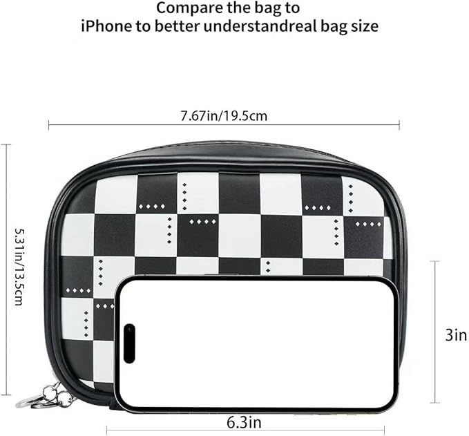 RIGHT AWAY Checkered Makeup Bag for Purse,Small Cosmetic Bag Organizer for Women, Travel Make Up Pouch Waterproof Toiletry Bag Cute Makeup Case for Travel Accessories(Black Checkerboard)