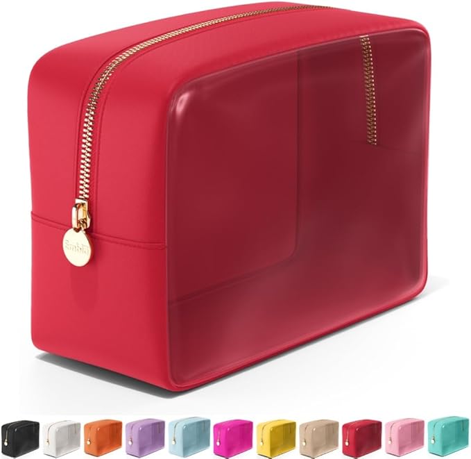 Embla Clear Cosmetic Bag Makeup Case, Clear Zipper Make Up Pouch and Toiletry Travel Tote, Cute Skincare Pouches for Women Girls, Preppy Purse Cosmetic Organizer, Large Makeup Bags, Ruby Red