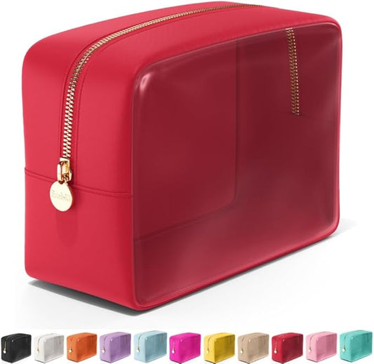 Embla Clear Cosmetic Bag Makeup Case, Clear Zipper Make Up Pouch and Toiletry Travel Tote, Cute Skincare Pouches for Women Girls, Preppy Purse Cosmetic Organizer, Large Makeup Bags, Ruby Red