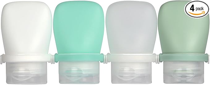 1oz Silicone Travel Bottles for Toiletries (4-Pack), TSA Approved Leakproof Toiletry Bottles with Locking Lid, Refillable Travel Size Containers for Shampoo, Body Wash, Camping & Trips (White,Green)