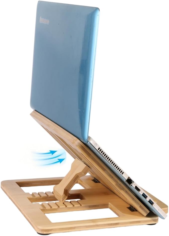 Bamboo Foldable Laptop Stand Holder, 6-Level Adjustable Ergonomic Notebook Riser with Heat Dissipation for 10-17 Inch Laptops, MacBook, Tablet
