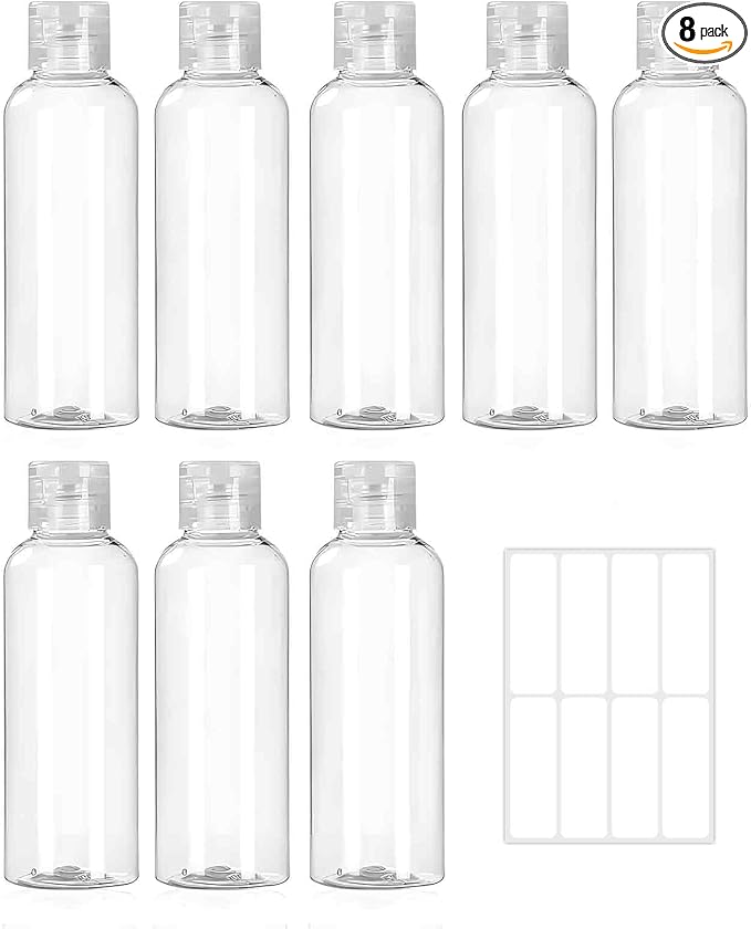 8 Pack 3.4 oz (100 ml) Plastic Travel Bottles for Toiletries, TSA Approved Leak Proof Small Clear Bottles with Labels