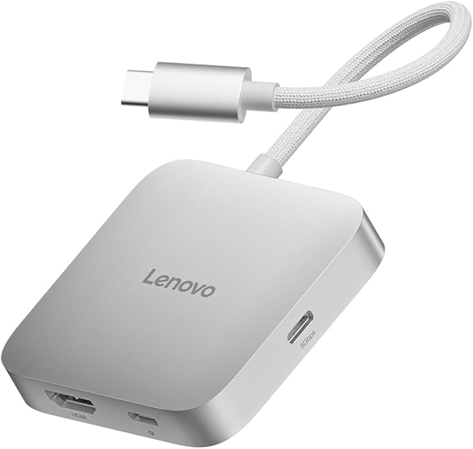 Lenovo USB-C 5-in-1 Travel Hub, 90W Power Delivery, 4K 60Hz HDMI, Dual USB-C and USB-A Ports, Plug and Play, Compact, Silver Grey