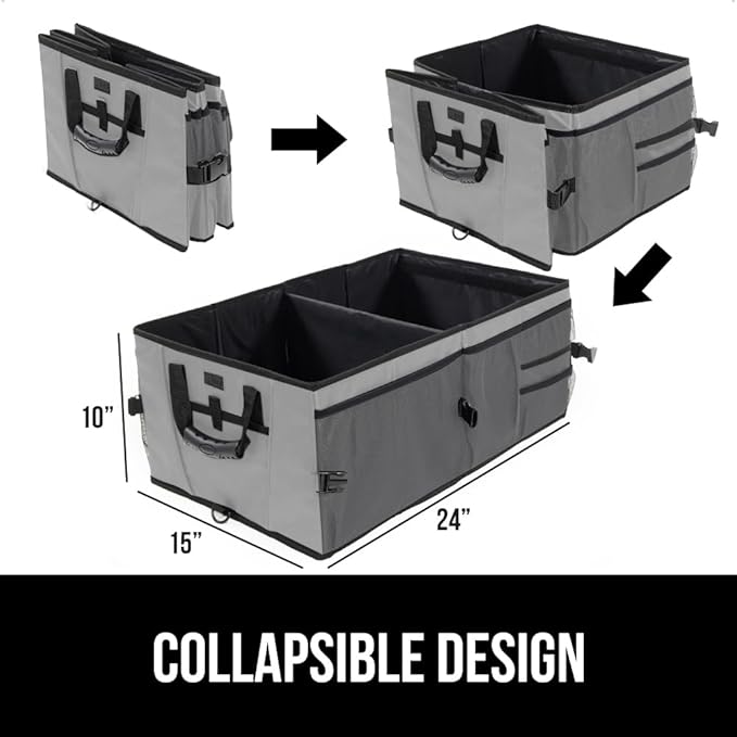 GORILLA GRIP Large Capacity Sturdy Trunk Storage Organizer, Slip and Water Resistant Collapsible Organization Container for Car Sedan or SUV, Multi Compartment Box Vehicle Accessories, Gray