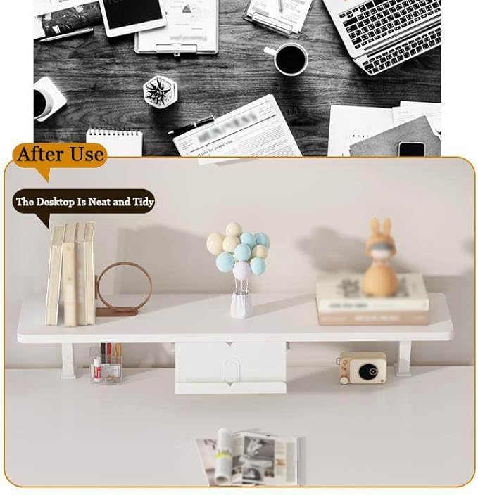 31.4x7.8 in Clamp on Desk Shelf, Adjustable Floating Desks Shelf with Reading Stand Space Saving Laptop Riser Stand for Office, Dorm, Home Desk Organization, White