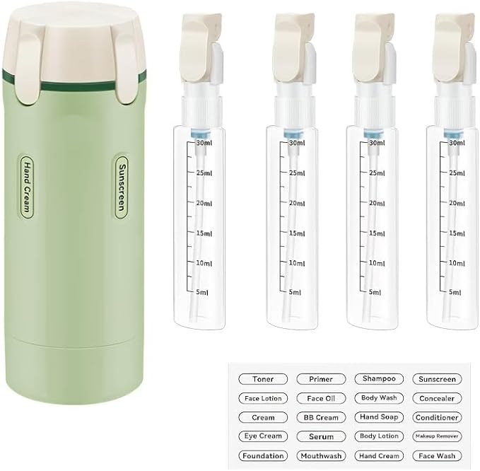 4 in 1 Travel Dispenser Bottle, 4 Pack 30ML Travel Bottles for Toiletries, Leakproof Refillable Pump Containers, TSA Approved Travel Size for Shampoo Lotion Conditioner, Travel Essentials