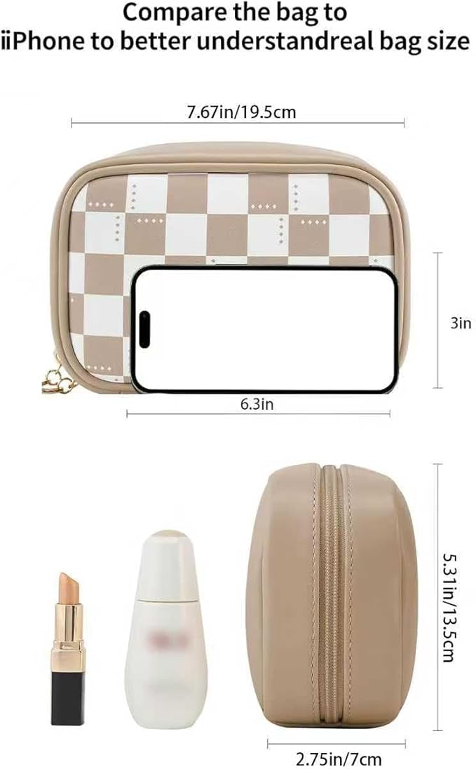 RIGHT AWAY Checkered Makeup Bag for Purse,Small Cosmetic Bag Organizer for Women, Travel Make Up Pouch Waterproof Toiletry Bag Cute Makeup Case for Travel Accessories(Khaki Checkerboard)