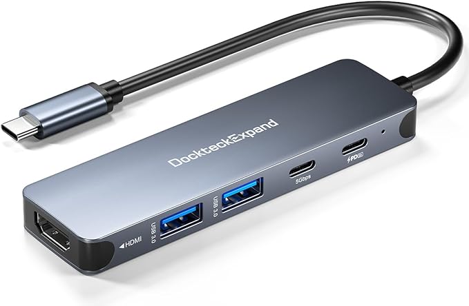 USB-C Hub, DockteckExpand USB-C to USB Adapter (5 in 1) with 4K HDMI, 100W Power Delivery, 5Gbps USB-C Data Port & 2 5Gbps USB-A Data Ports for MacBook Pro/Air, iPad Pro/Air, Dell XPS and More