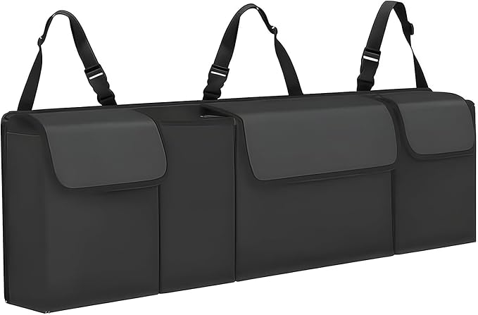 Car Trunk Organizer – Backseat Hanging Large Storage Bag with Adjustable Straps, Waterproof Collapsible Cargo Organizer with 4 Pockets, Space-Saving Trunk Storage for SUV Truck MPV (Black)