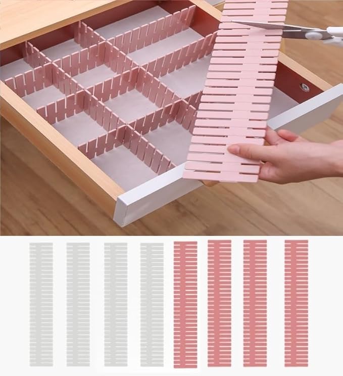 8 Pack Drawer Dividers, Adjustable Plastic Grid Separators for Socks, Underwear, Makeup, Cut-to-Fit DIY Drawer Organizer for Kitchen, Bedroom, Office, White + Pink