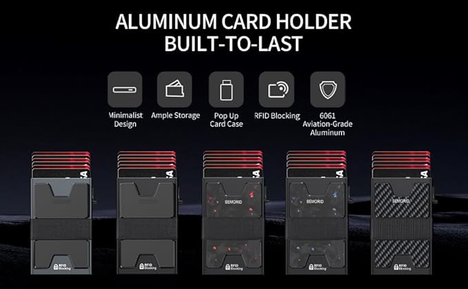 SEMORID Slim Wallet for Men, Minimalist RFID Blocking Mens Wallet with Pop Up Case, Thin Metal Credit Card Holder with Cash Strap & Expandable Backplate - Holds 12 Cards