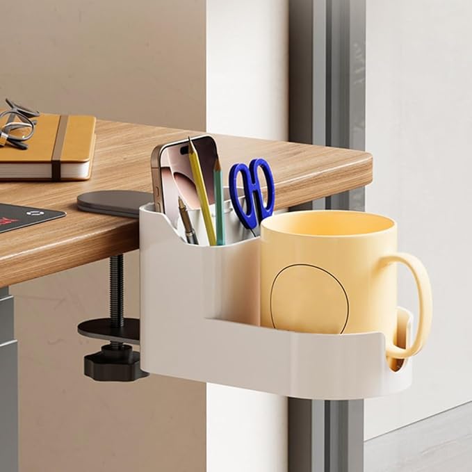 Clamp On Desktop Shelf Organizer - Under Desk Storage Tray with Cup Holder, No Drill Installation, Adjustable Shelf for Phone, Pen & Office Supplies