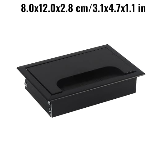 Desktop Cable Management Cover for Desk Organization - Aluminum Alloy Cable Box with Brush Seal (Black, 8.0x12.0x2.8 cm)