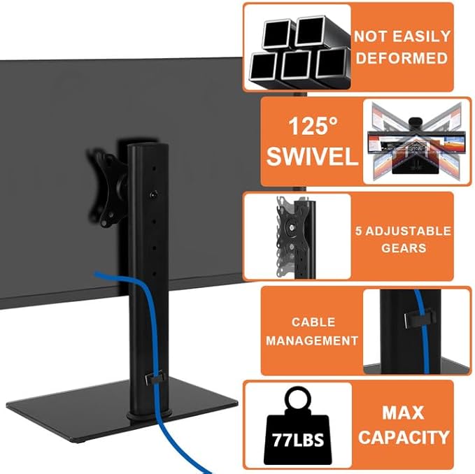 KKTONER Single Computer Monitor Stand Free Standing Desk Vesa Mount for 13 inch to 32 inch Screen Height Adjustable Monitor Mount Swivel Vesa 75*75mm/100*100mm Hold up 77Lbs