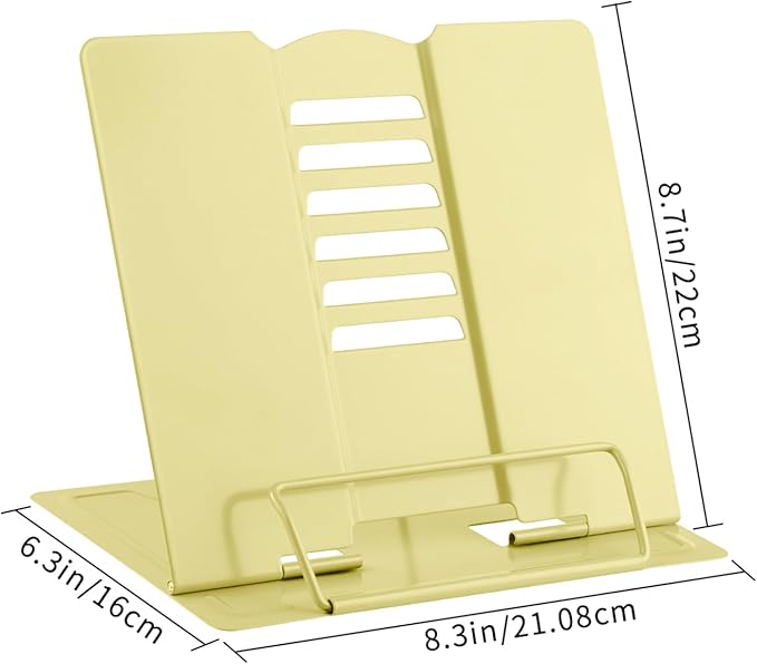 Honagu Book Stand Metal Desk Book Holder, Book Holders for Reading Hands Free, Adjustable Cookbook Documents Holder, Portable Bookstand for Music Books, Textbook, Recipe, Tablet, Ipad（Light Yellow）
