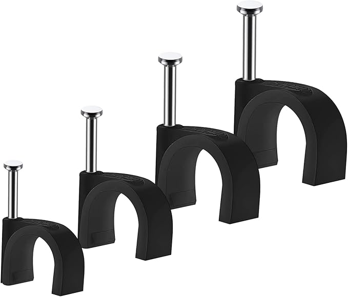 Abnii Cable Clips, 400 Pcs, 4mm 6mm 8mm 10mm, Wire Wall Clips with Steel Nails, Cable Management Organizer Clip, Cable Tacks Coax Holder Clip, RG6 RG59 CAT6 RJ45 Cable Cord Staples, Black