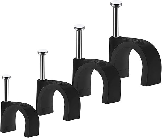 Abnii Cable Clips, 400 Pcs, 4mm 6mm 8mm 10mm, Wire Wall Clips with Steel Nails, Cable Management Organizer Clip, Cable Tacks Coax Holder Clip, RG6 RG59 CAT6 RJ45 Cable Cord Staples, Black