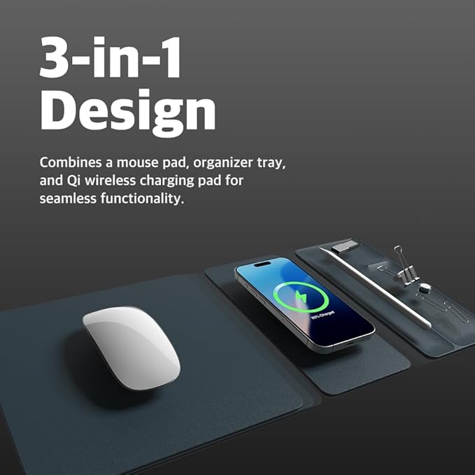 POUT H3 Split Max 3-in-1 Wireless Charging Mouse Pad ??Fast Qi Charger, Mousepad Mat, and Magnetic Tray Organizer ??Compatible with Smartphones and Earbuds (Aqua Blue)