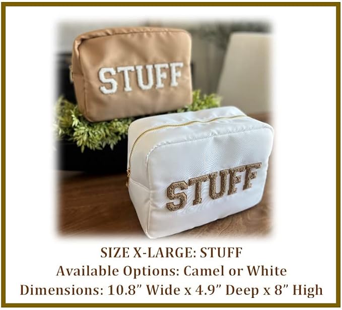 SkyTen Chenille Letter Make Up Bag Nylon Cosmetic Case Stuff Glam Stoney Clover Dupe Travel Organizer (White, X-Large)