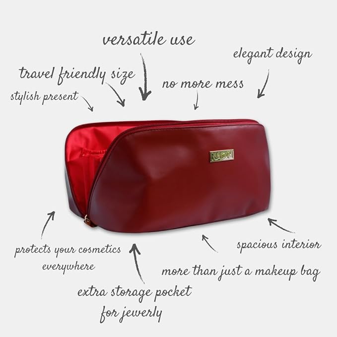 NAORI Travel Makeup Bag for Women | Large Luxury Cosmetic Organizer with Handle & Inner Pockets | Waterproof Faux LeatherToiletry Bag | Makeup Case for Home, Travel & Gifting (Classic Burgundy)