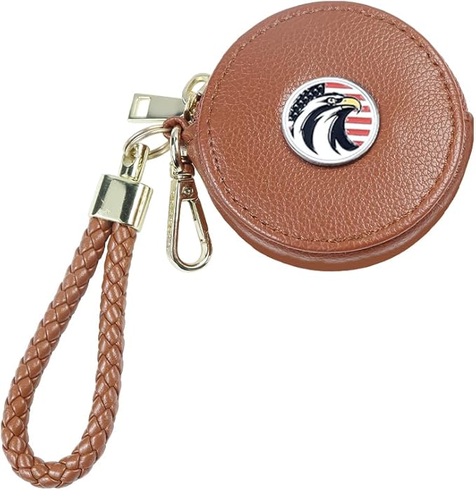 Small Coin Purse, Coffee PU Leather Round Zipper Coin Purse, Coin bag, Small Makeup Bag, Jewelry Travel Case Mini Portable Organizer (Brown American Eagle)