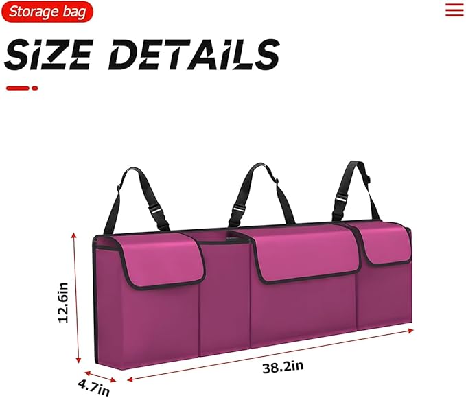 BELOMI Car Trunk Organizer, Auto Waterproof Sturdy Backseat Hanging Large Storage Collapsible Cargo Bag with Anti-Slip Adjustable Strip&4 Pockets, Vehicle Interior Accessories(Purple)