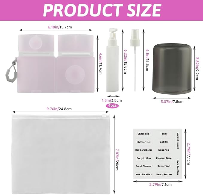 4-in-1 Travel Dispenser Bottles, Suction Cup and Adjustable Height Design, Travel Toiletry Containers with Labels and Storage Bag, Leak-Proof Compact Travel Set for Shampoo, Conditioner, Body Wash.